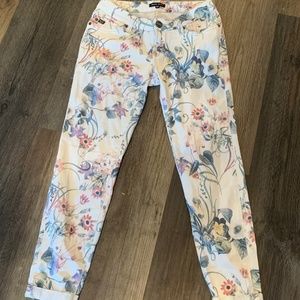 Dear John White Cropped Floral Pants with Pink & Blue Accents